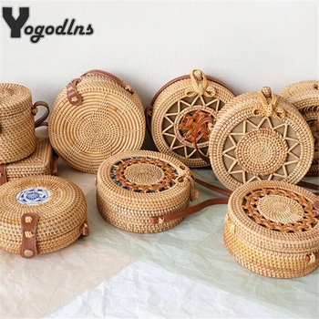 

Fashion Hand-Woven Rattan Straw Shoulder Bag Round Beach HandBags Women Summer Hollow Messenger Crossbody Bags Travel Popular