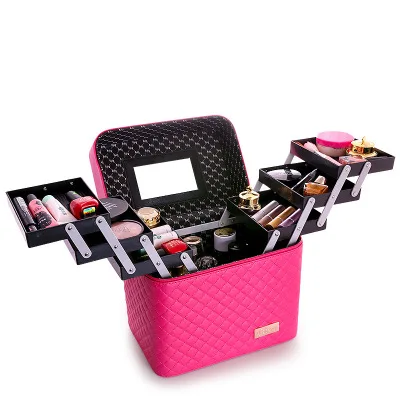 Для женщин большой Ёмкость органайзер для профессионального макияжа модные туалетные принадлежности и косметика сумка Многослойные коробка для хранения Портативный изысканный чемодан - Цвет: Crose red