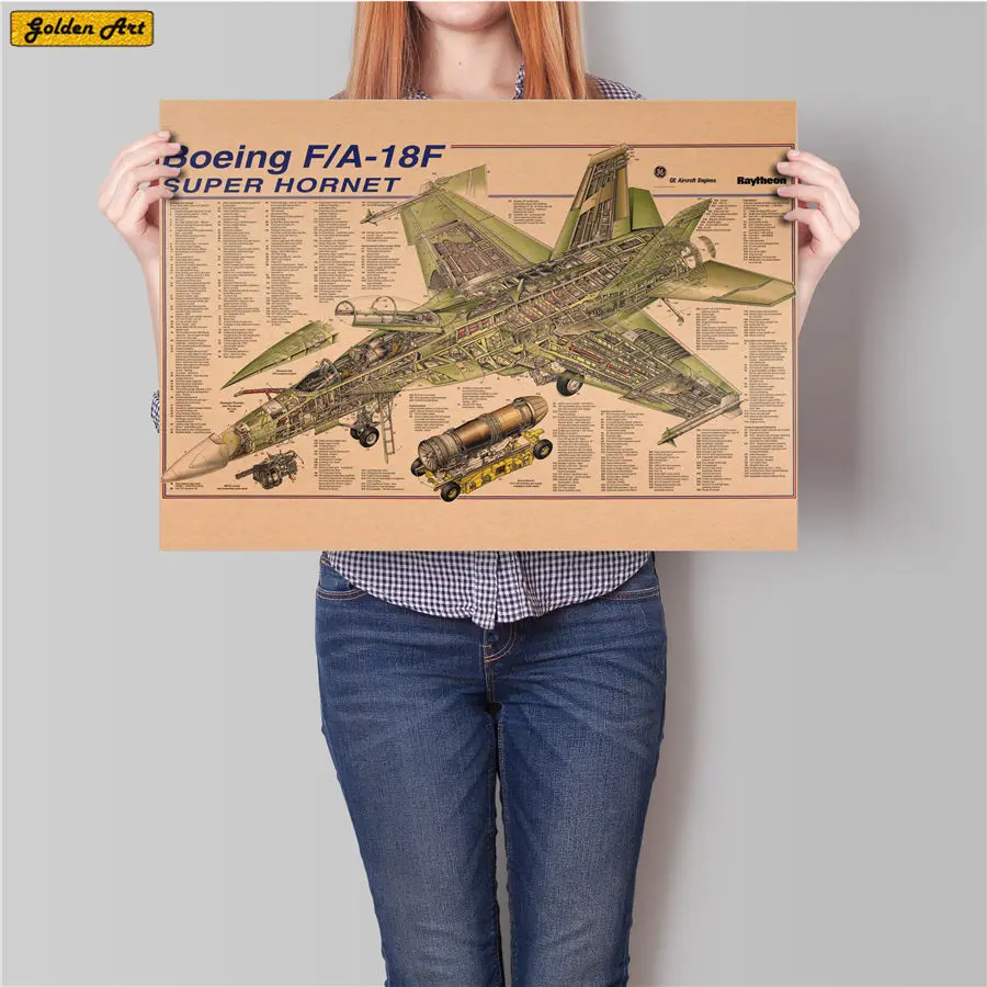 

F/A-18F Fighter Supersonic speed Plane Drawing Vintage kraft paper poster bar cafe print wall sticker Painting 45.5x31.5cm