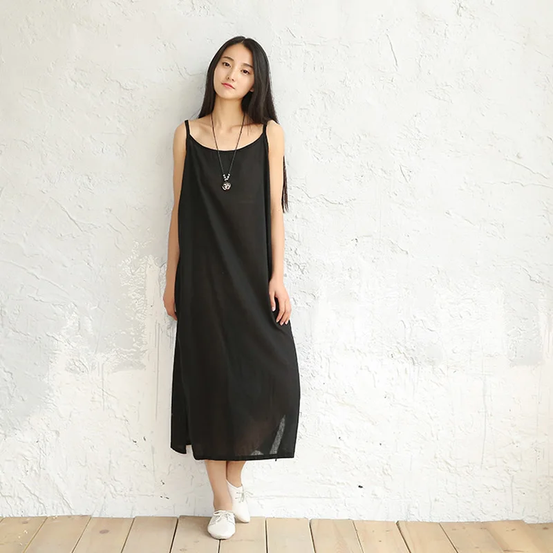

OriGoods Spaghetti Strap Dress Women Cotton Thin Sexy Long Dress Solid White Red Black Summer Dress Loose Casual Tank Dress C030