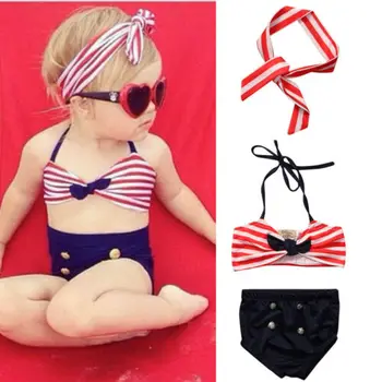 

2019 Kids Baby Girl Striped Bow Bikini 2pcs Set+Headband High Waist Button Swimwear Swimsuit Beachwear Suit