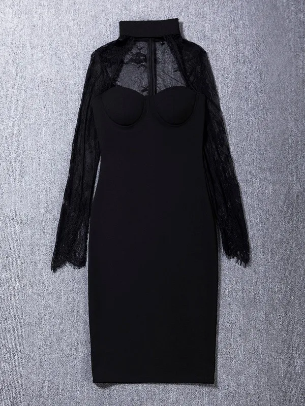 Новое модное элегантное и сексуальное женское черное кружевное вечернее платье с длинным рукавом и высоким воротом+ костюм