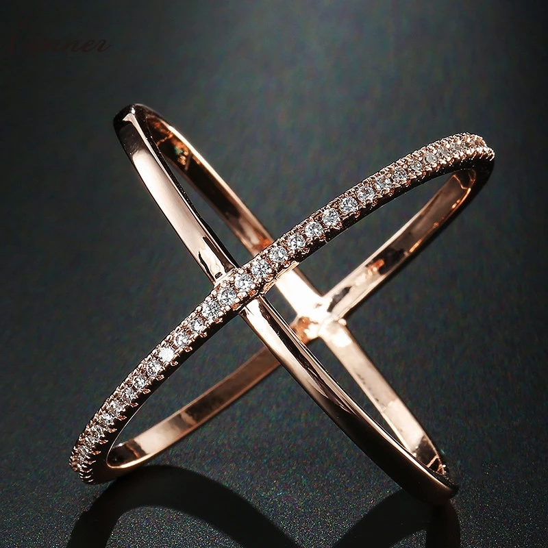 Simple Crystal Rhinestone Cross Ring Cubic Zirconia Rings for Women Rose Gold/Silver Color Wedding Rings Jewelry Gifts Q45