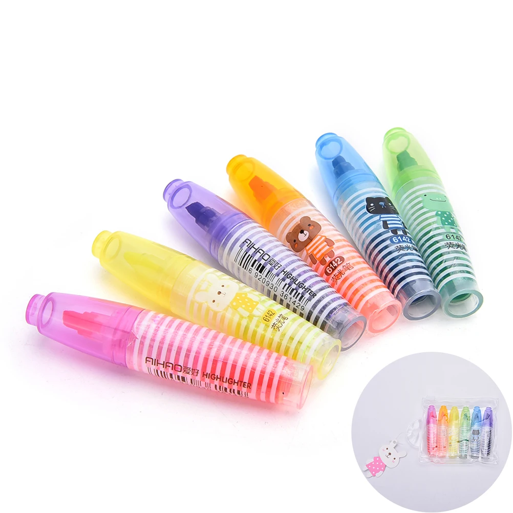 6Pcs Cartoon Direct Liquid Colorful Highlighter Pen Cute Kawaii Mini
