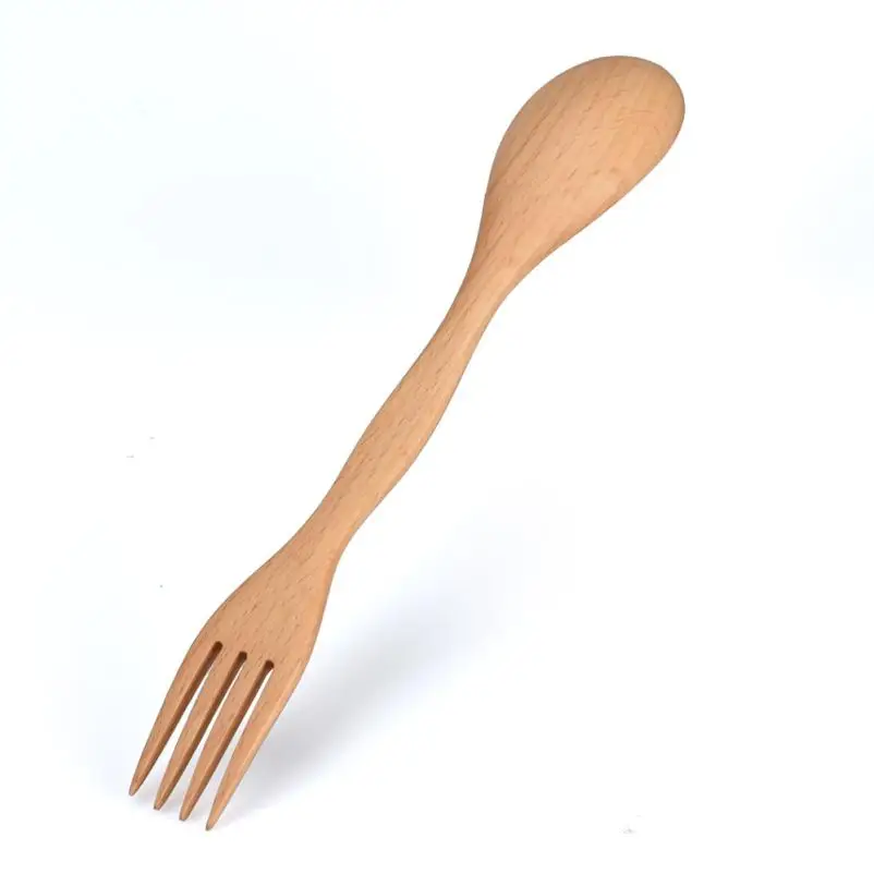 Мода из натурального дерева Ложка Вилка Spork двойной Творческий Неокрашенный столовая посуда#35