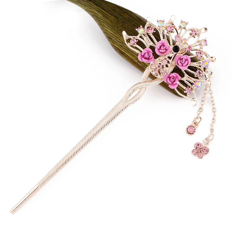 

Vintage Rose Flowers Tassels Step Shake Hair Sticks Crystal Rhinestones Chain Hairpins Headwear Hair Accessories