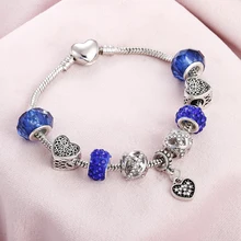 Браслеты и браслеты в стиле ретро серебристого и синего цветов с подвеской в виде сердца в виде листьев и лошади, украшенные кристаллами и бусинами, фирменный браслет для женщин, ювелирные изделия для свадебной вечеринки