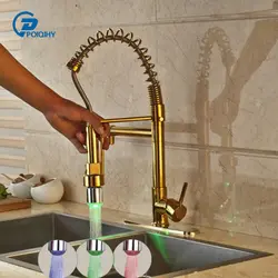 Золотой Латунный кухонный кран для горячей и холодной воды смеситель с светодиодный светильник + 8 "плита ротора с одной ручкой