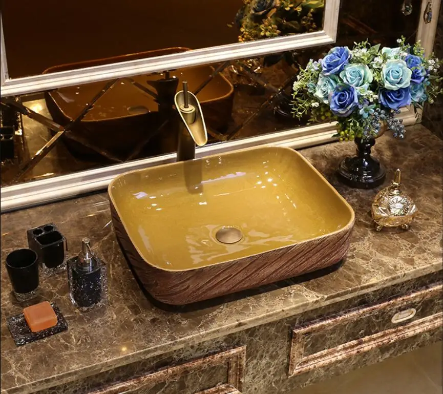 Ванная комната фарфоровый туалетный столик текстура древесины сосуд Раковина керамический Счетчик Топ Ретро стиль умывальник XR26-264