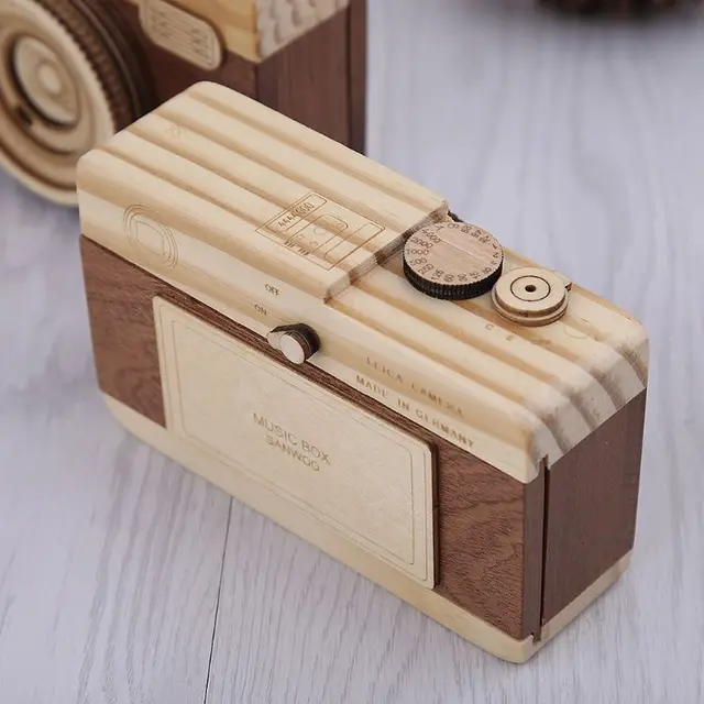 Wooden Toy Cameras Music Box Retro Camera Design Classical Melody Birthday Home Decoration 4