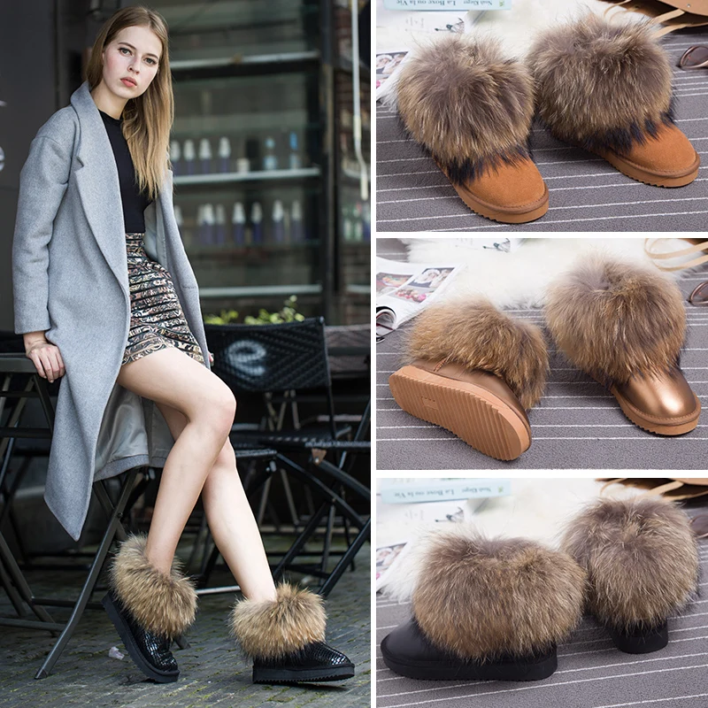 

UBZ in the winter fox fur boots female winter boots fur boots cowhide leather shoes tidal flat boots autumn