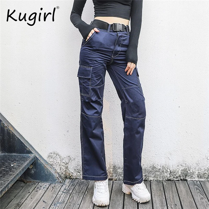 

2018 demin blue women cargo pants adjust ties waist multi-pockets pants full length patchwork trousers