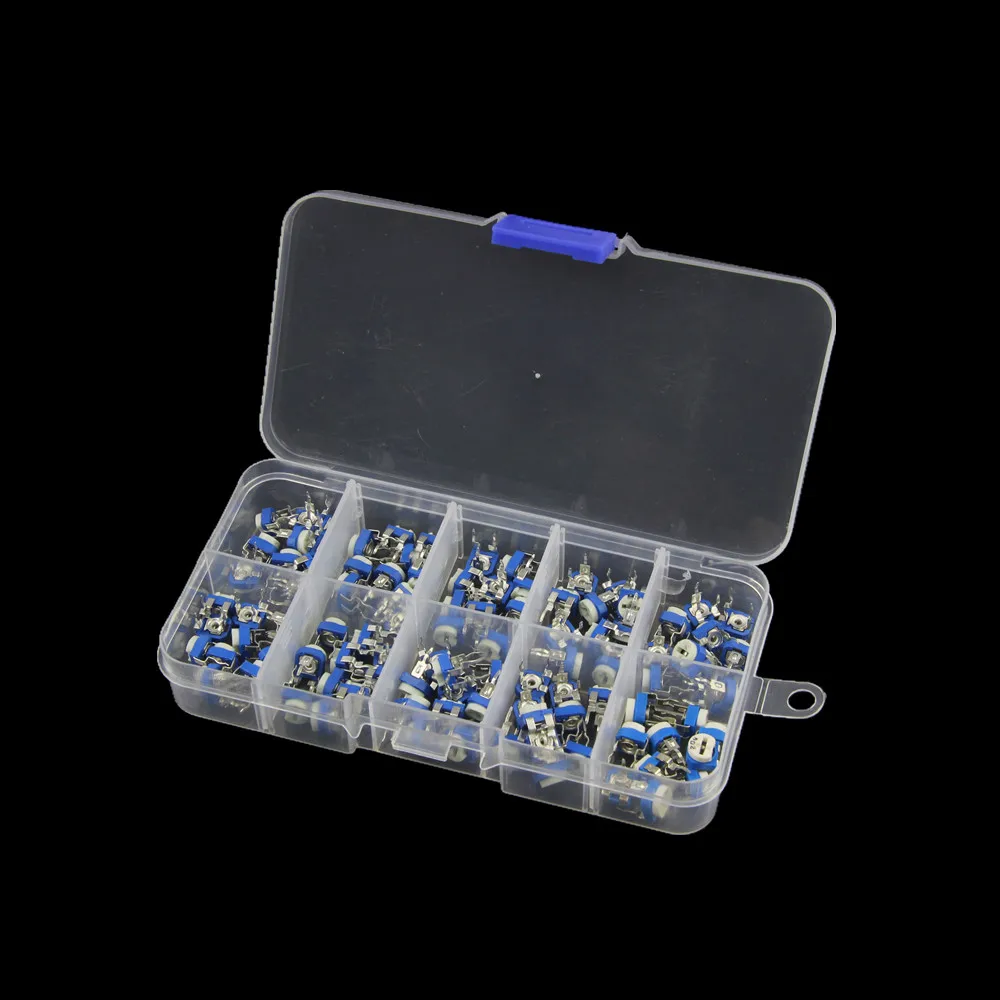 

100Pcs/Box RM065 Carbon Film Horizontal Trimpot Potentiometer Assortment Kit 10 Values Variable Resistor 500R - 1M