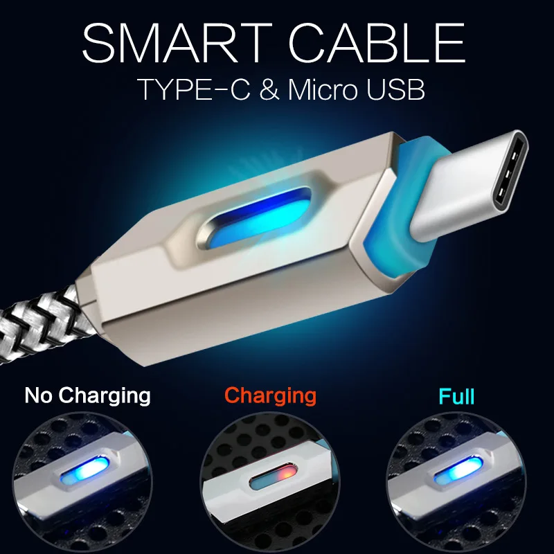 Type C USB Cable LED Light charger Cable Nylon Braided Cables Data Sync