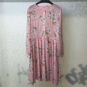 

Summer Floral Dress Print Women Long Sleeve Dress Elegant 2018 Pink Pleated Dress Casual