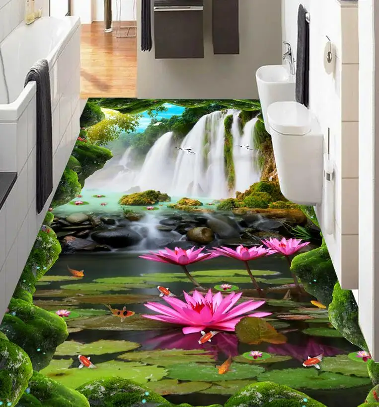 

3d floor tiles Custom pvc self adhesive wallpaper Waterfall lotus carp 3d flooring 3d wallpaper living room horse wallpaper