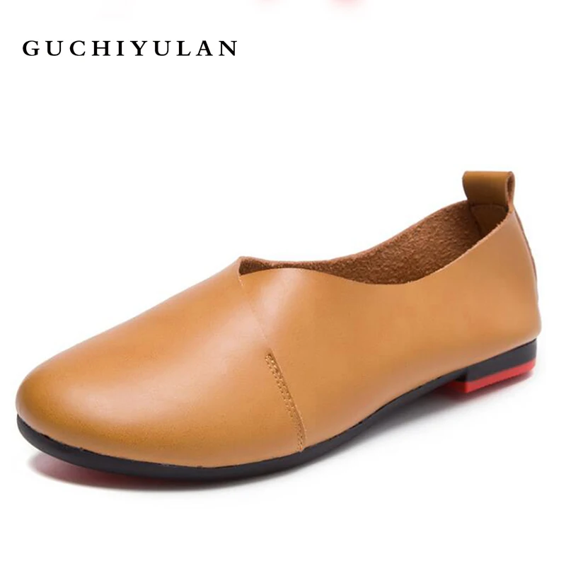 

2018 Genuine Leather Flat Shoes Woman Hand-sewn Leather Loafers Cowhide Flexible Spring Casual Shoes Women Flats Women Shoes