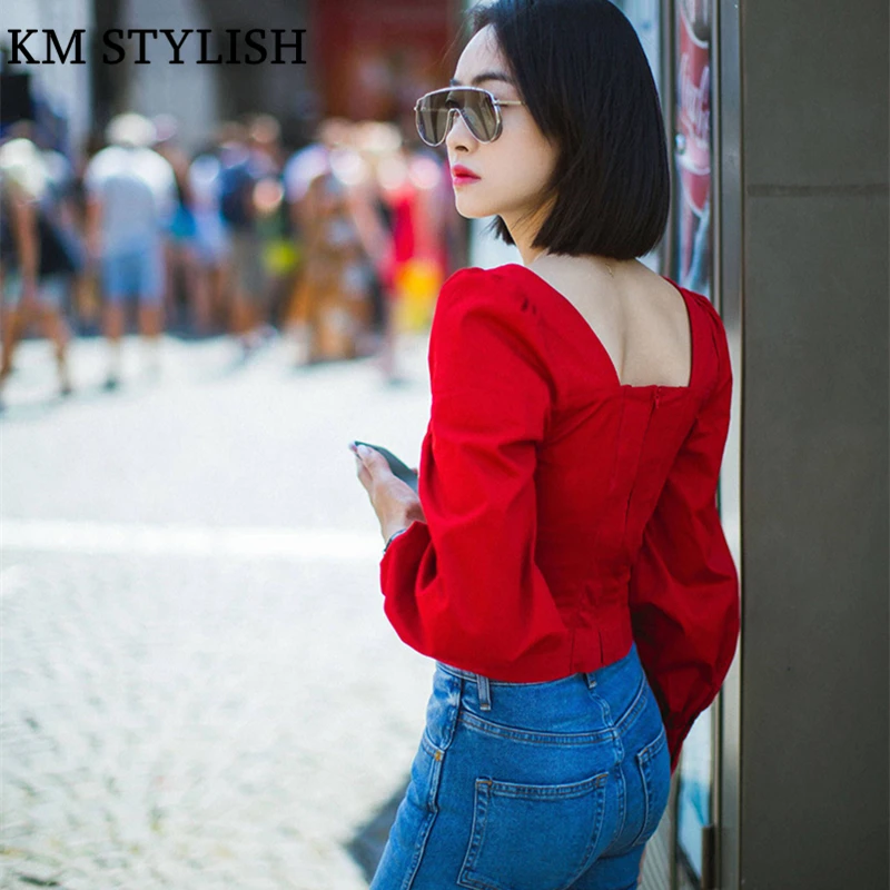 2018 Autumn Star Street Shooting Women Set Slim Waist Red V-neck Puff Sleeve Long Sleeve Cotton Top + Casual Shredded Jeans Women's Sets