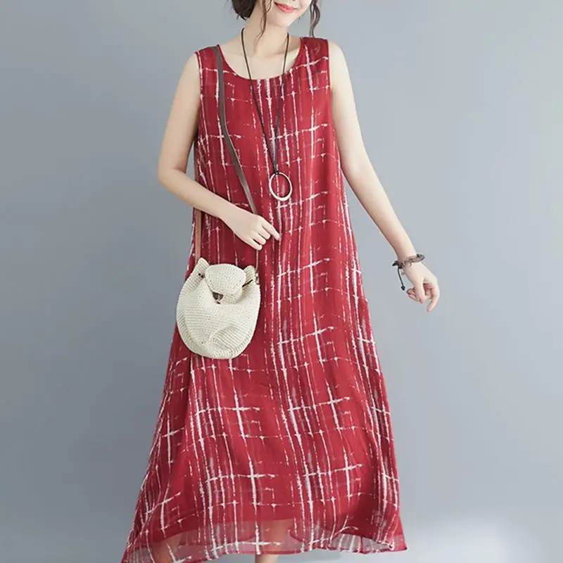 2019 Summer Women's clothing Dress Sexy Elegant Up to date Loose Dress Sleeveless Round neck Printing long Dress Female WLP063