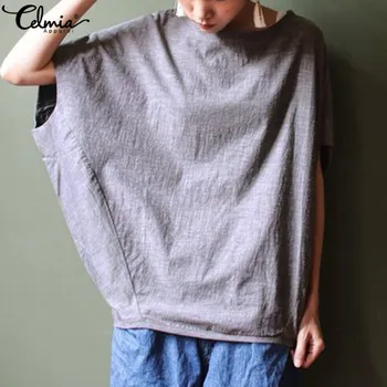 

Summer Tops 2020 Celmia Women Vintage Blouses Plus Size Female Sleeve Shirts Solid Casual Loose Work Blusas Femininas