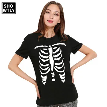 

Showtly Skeleton T-shirt For Women Punk Casual Short Sleeve Black Tops