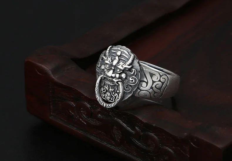 Scrub регулируемое кольцо S990 Стерлинговое Серебряные ювелирные изделия Для мужчин Для женщин дракон Лев открытие кольцо Рождественский Подарок Обручальное кольцо R167