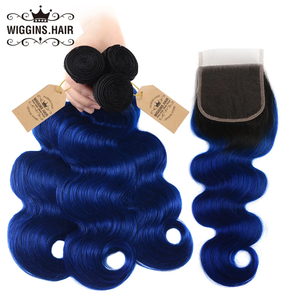 

Wiggins Hair 1B/Blue Ombre Bundles With Closure Brazilian Human Hair Weave Body Wave 3 Bundles With Closure Remy Hair Extensions