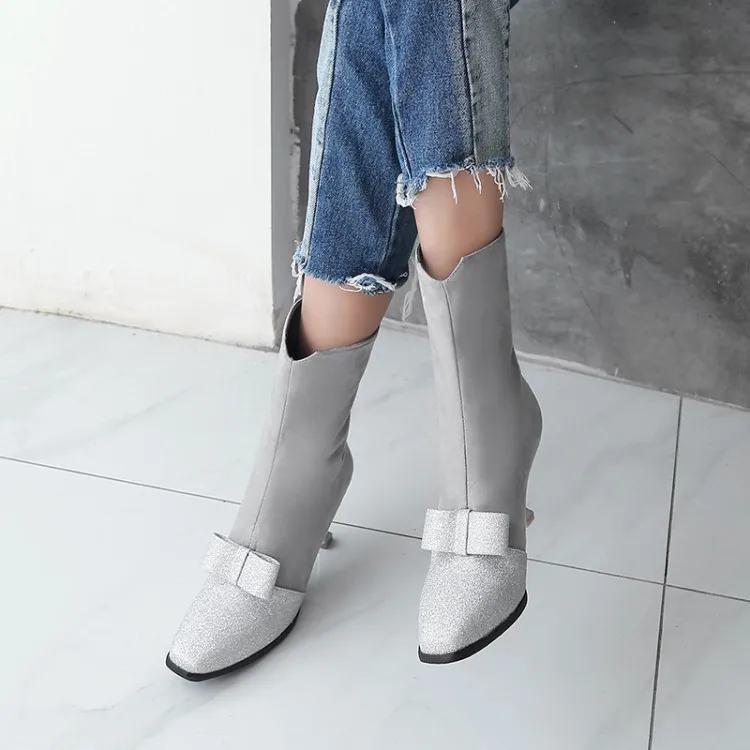 

Big Size 11 12 13 14 15 Ma'am Fine heel Short boots Pure color Sequins boot barrel High heel boots