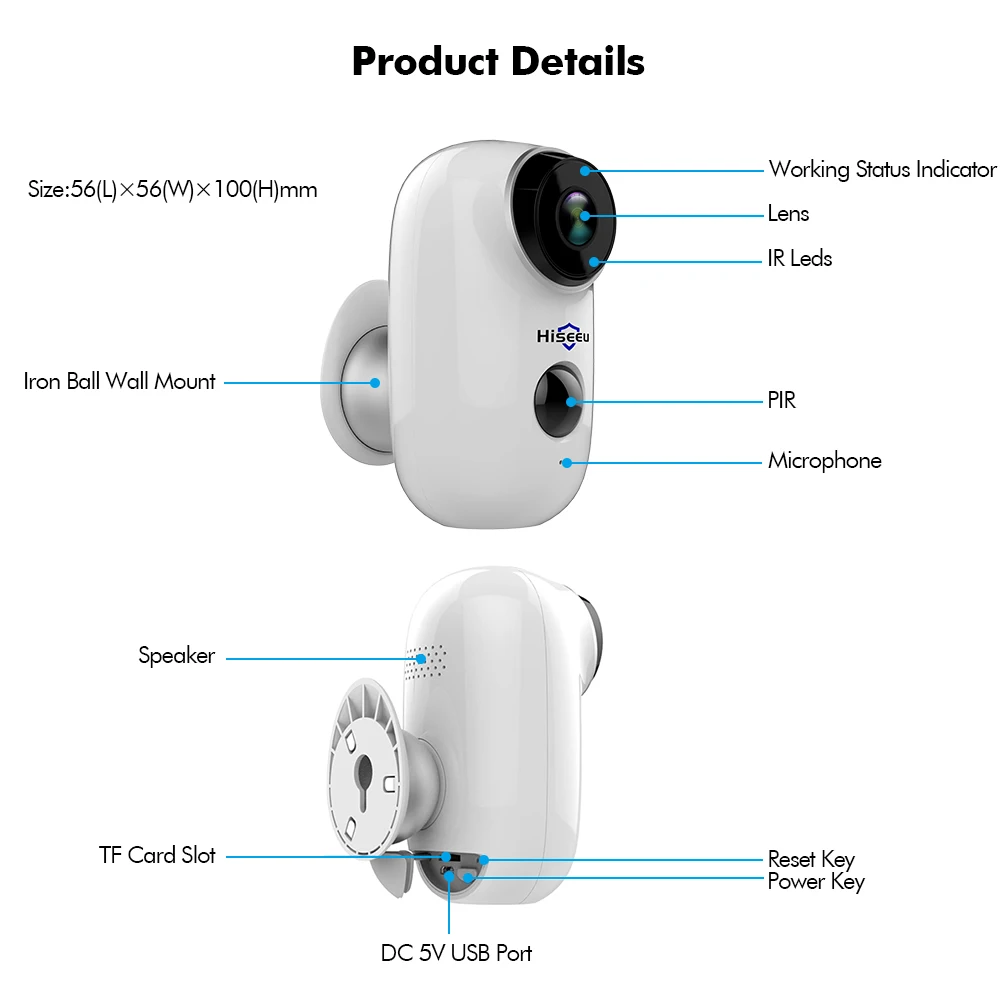  Hiseeu C10 Wireless IP Camera Rechargeable Battery CCTV Security Camera PIR Waterproof Motion Detec