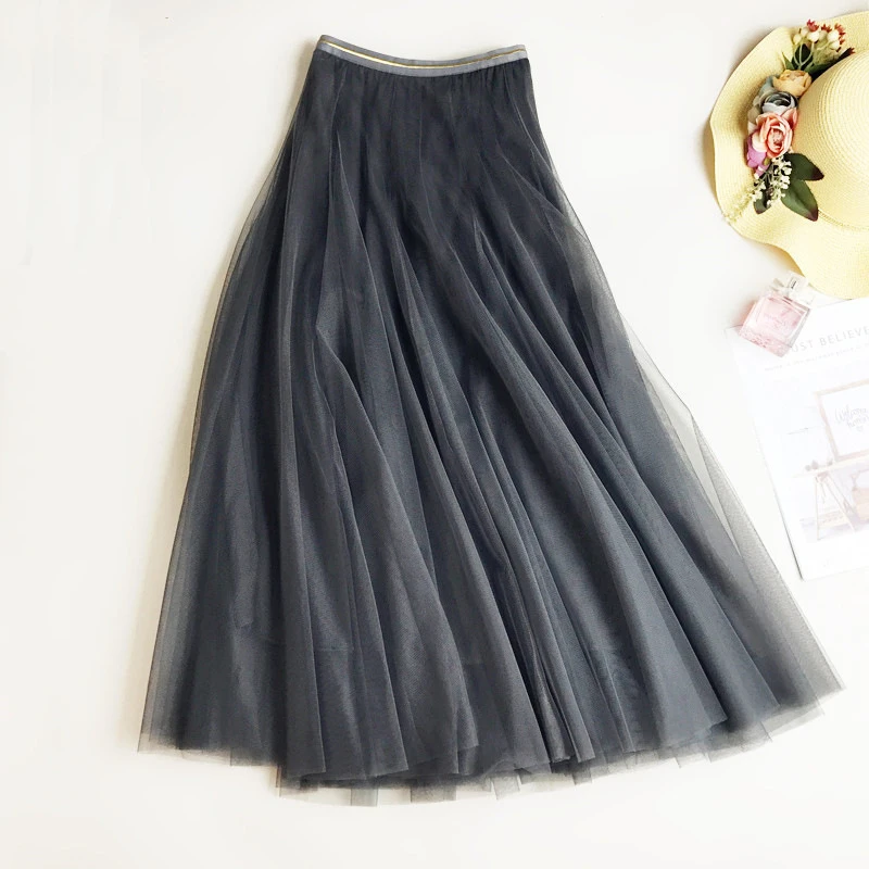 

Ball Gown 2020 New Spring Elastic Waist Long Slim Mesh Skirt High Waist Solid Pleated tutu Skirts for Women Saias Faldas