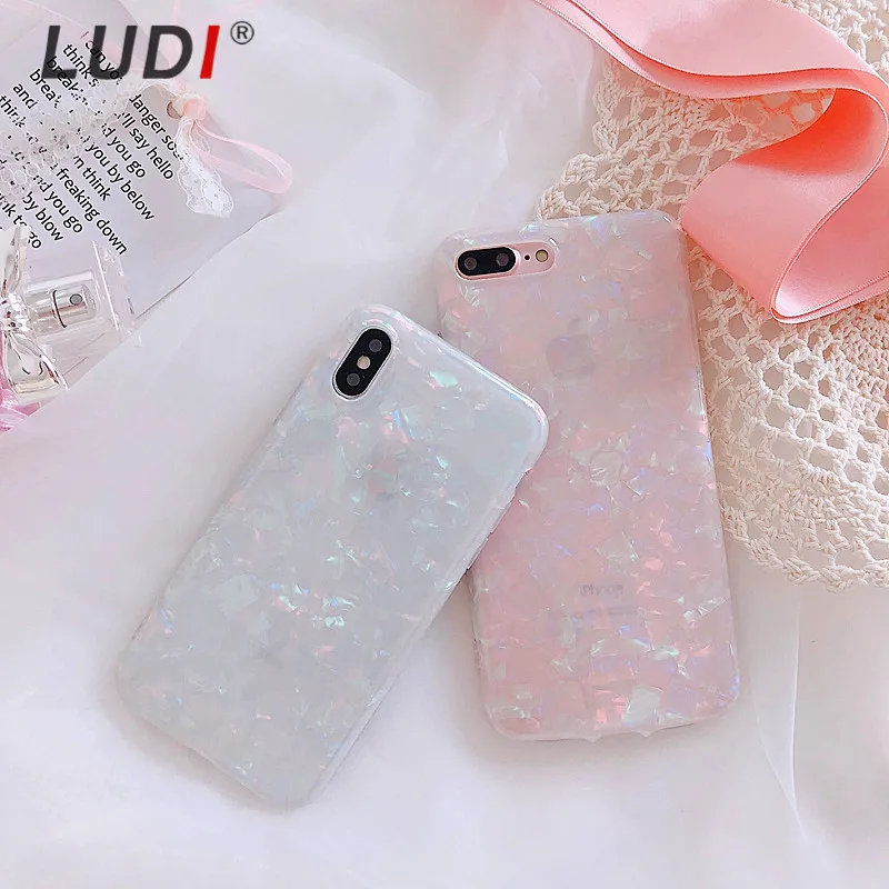 Блестящий чехол LUDI для телефона с лазерным рисунком раковины iphone 6S X 6 7 8 Plus задняя