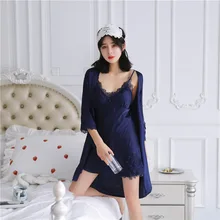 Весна, лето, осень, Женская шелковая ночная рубашка, комплект из 2 предметов, халат и ночная рубашка, Женский пижамный комплект, женские пижамы, сексуальное женское белье