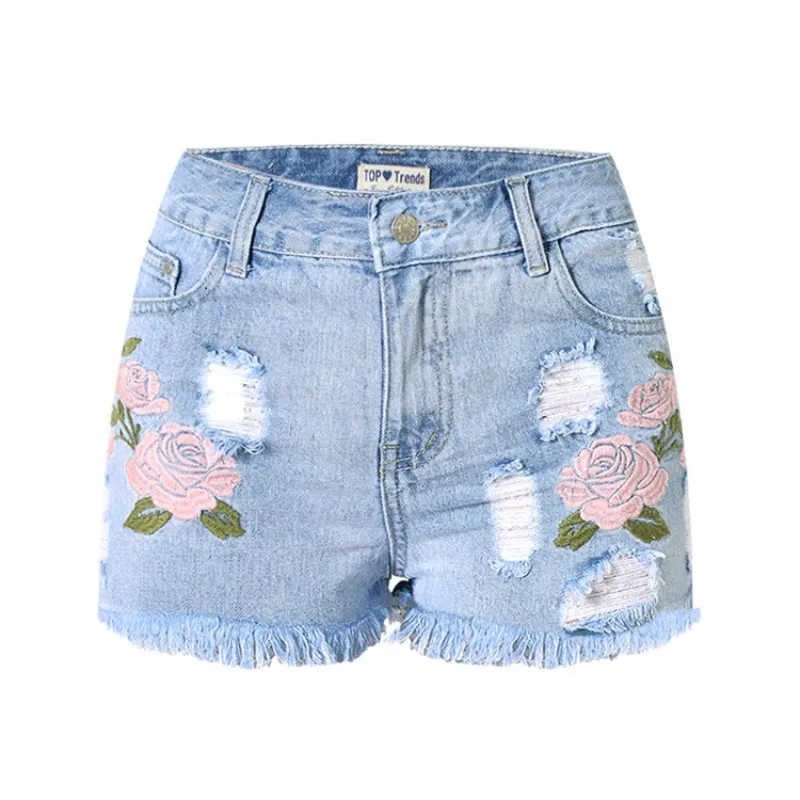 

Fashion 2017 Embroidery Denim Shorts Floral High Waist Jeans Short Hole Shorts For Women Summer Shorts