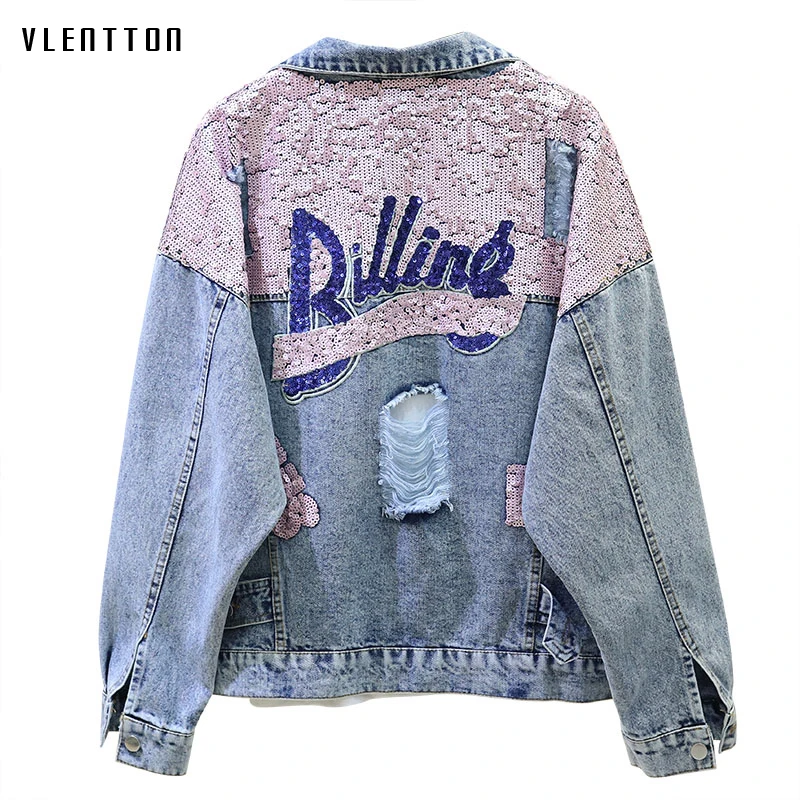 

Autumn Harajuku Pink Sequins Hole Denim Jacket Female Casual Loose Jean Jackets Woman Korean Letter Coat Outwear Chaqueta Mujer
