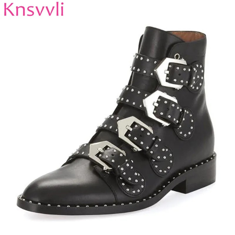 

Knsvvli Round Toe Metal Buckle Studded Ankle Boots Women Flat Genuine Leather Winter Shoes Ladies Gladiator Motorcycle Boots