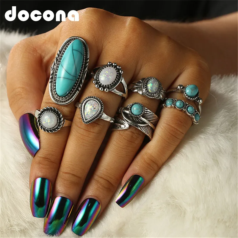 

docona Vintage Silver Color Green Colorful Rhinestone Knuckle Rings Set for Women Metal Boho Geometric Finger Midi Ring 6225