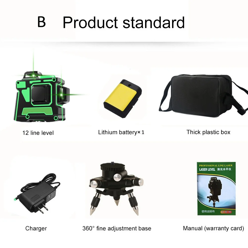 3D 12 Lines Green Laser Level with Wall Bracket 360 Degree Adjust Base Laser Beam Line Horizontal Vertical Cross Laser Lines