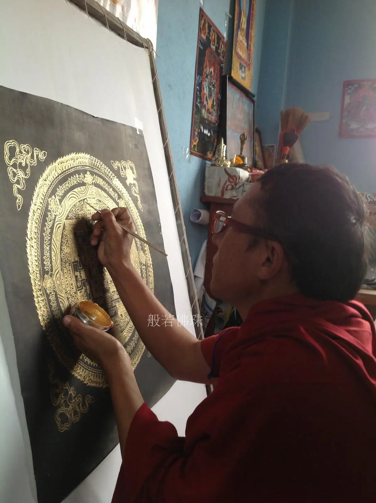 US $168.00 Prajna Lama beads pure handpainted Thangka painting Kalachakra Mandala black gold 5050