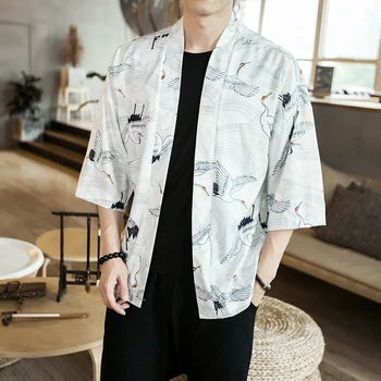 

Cranes printed summer casual Hip Hop jackets harajuku thin cardigan outwear coat mens kimono Chinese clothes Loose streetwear