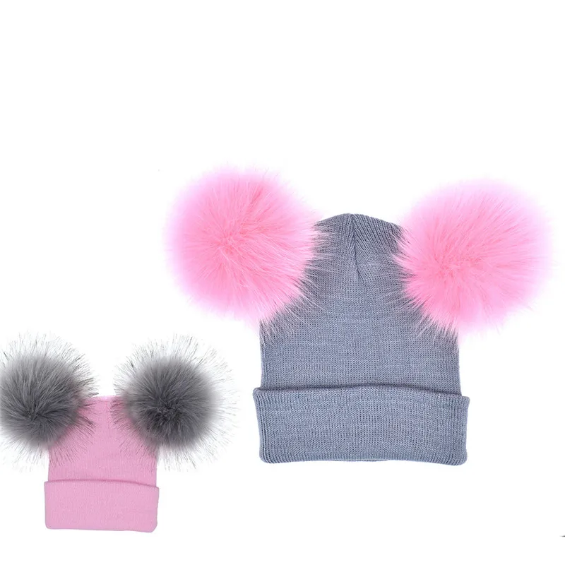 Зимние шапки для родителей и детей, помпон из искуственного меха, шапки с помпонами для женщин, вязаные двухшаровые шапки с помпонами для мам и детей, детские шапочки-шапочки