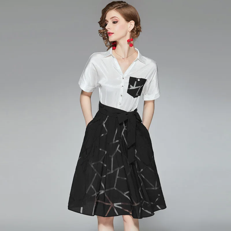 

Dress Summer Women 2019 New Turn Down Collar Geometric Pirnted Patchwork Short Sleeved Slim A-Line Fake Tow Piece Dress Female