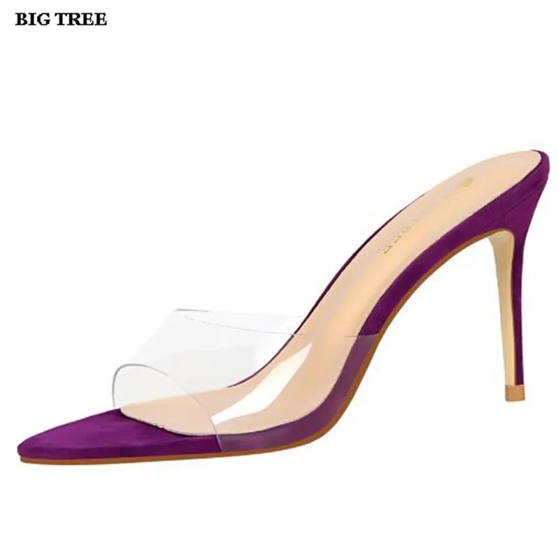 

BIGTREE Plus:34-39 ladies Sandals summer Stiletto Flock Open Toe shoes woman 9cm thin heels transparent pumps zapatos mujer