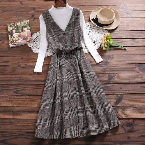 

Mori Girl Winter Dress New Fashion Women Sleeveless Vest V-Neck Woolen Vintage Dresses Female Slim Waist Long Sundress LJ129