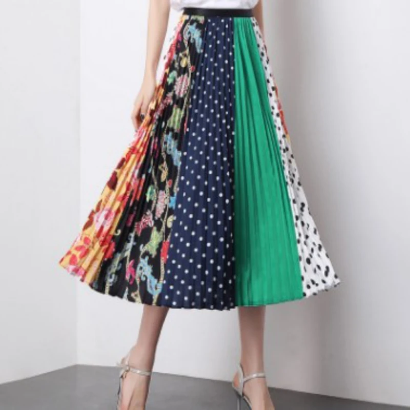 

2019 New Plus Size Casual High Waist Skirt Women Fashion Cartoon Print Pleated Skirt Women Summer Long Maxi Skirt Femme