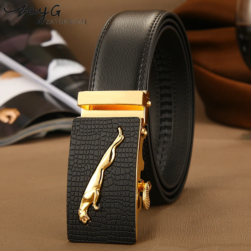 

ZAYG Fashion gold belt jaguar pattern men's automatic buckle belts genuine leather belt for men Luxury Business casual Man belt
