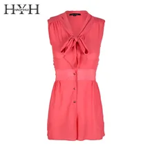 HYH HAOYIHUI Summer Fashion Chiffon Romper Solid Color Sleeveless V-neck Bow Tie Single Button Romper Casual Sweet Style Romper all over florals bardot chiffon romper