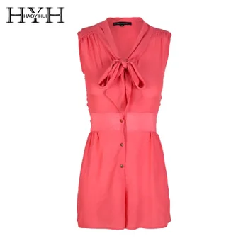 

HYH HAOYIHUI Summer Fashion Chiffon Romper Solid Color Sleeveless V-neck Bow Tie Single Button Romper Casual Sweet Style Romper
