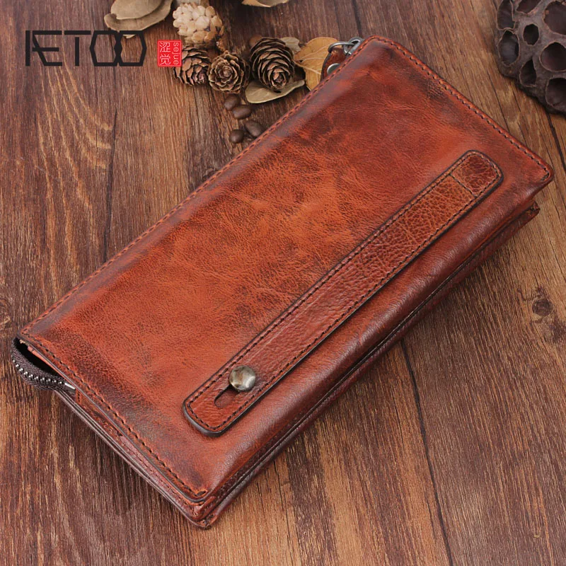 AETOO Original vintage leather multi-purpose handmade long wallet first layer of large leather handbag