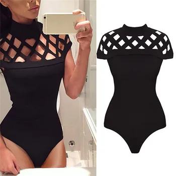 

Womens Choker High Neck Bodysuit Black Sexy Party Clothes Bodycon Caged Sleeves Jumpsuit Bodysuit Tops combinaison femme 2019