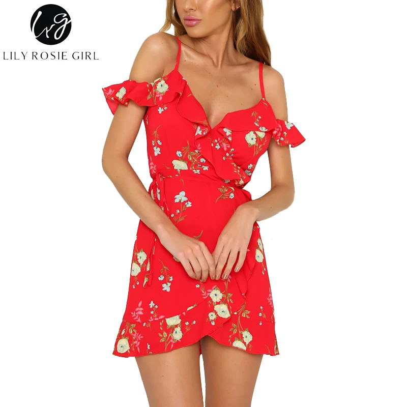 

Lily Rosie Girl Red Floral Prints Ruffles Women Mini Dress 2018 Sexy V Neck Short Sleeve Wrap Short Dresses Beach Boho Vestidos